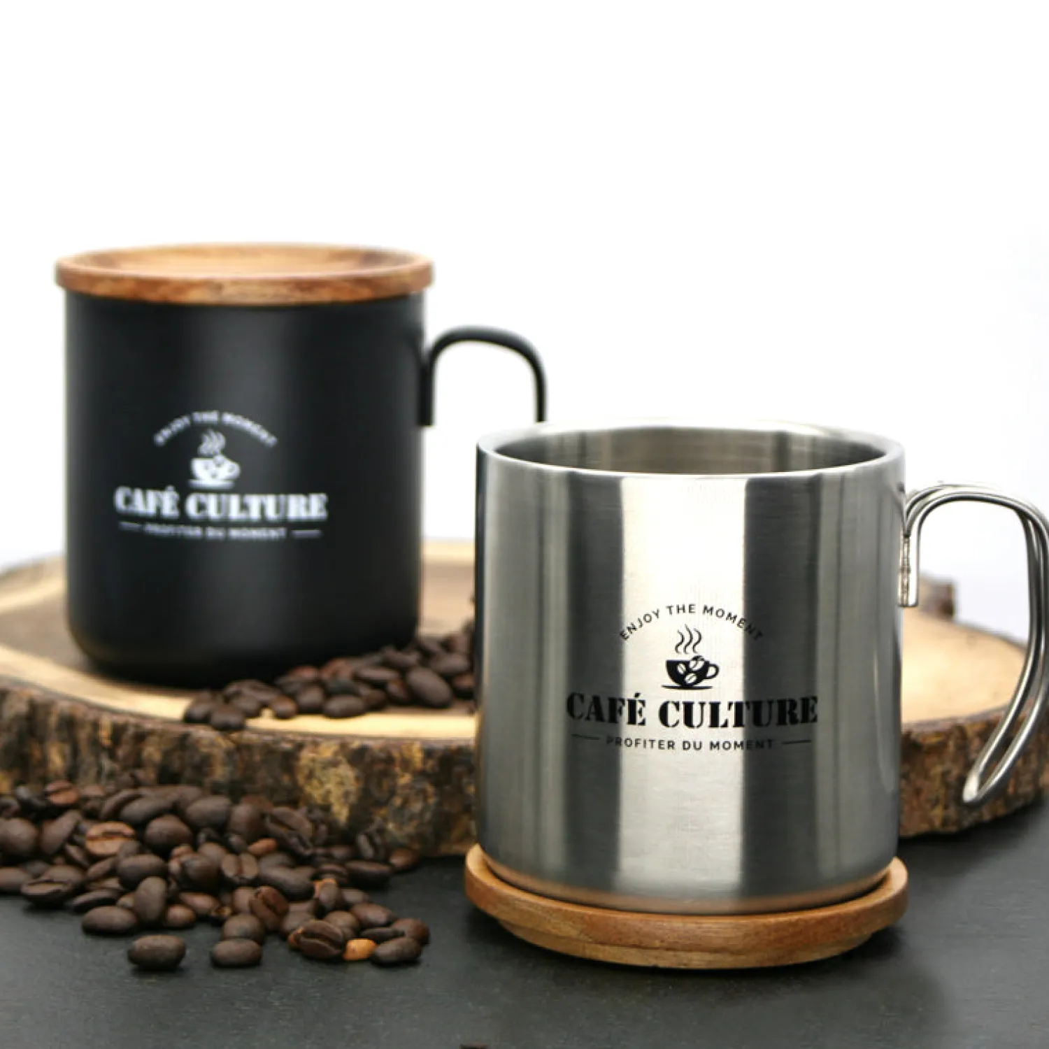 Ma Caféine Double Wall Cups | Camping>Café Culture | Double wall black steel mug 450ml