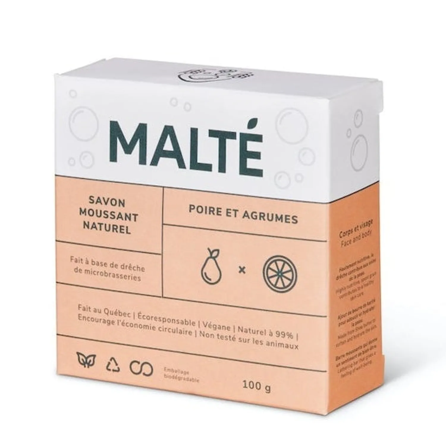 Ma Caféine Quebec Products | Wellness Products>Malted | Moisturizing and exfoliating soap based on shea butter and spent grain - Pear and Citrus 100 gr